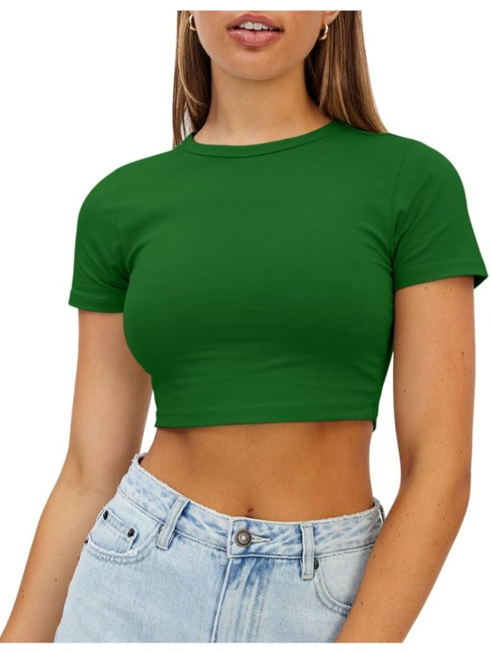 Women's Green Summer Crew Neck Basic Tees Slim Fit Trendy Short Sleeve Crop Tops
